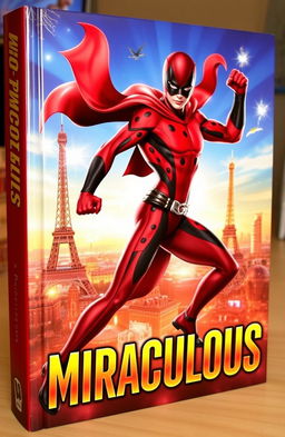 A vibrant and eye-catching book cover themed around 'Miraculous', featuring a striking superhero character in a sleek, red and black costume with spots, showcasing a magical city skyline in the background