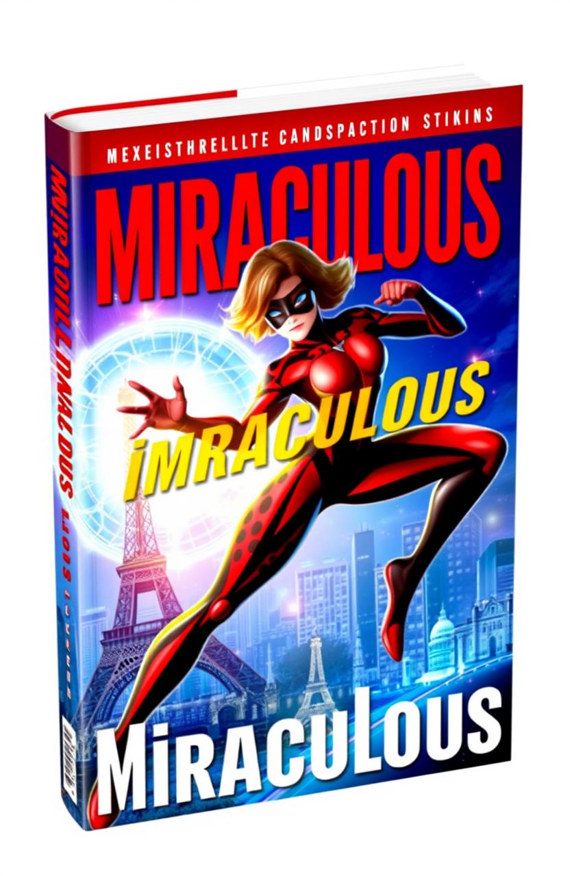 A vibrant and eye-catching book cover themed around 'Miraculous', featuring a striking superhero character in a sleek, red and black costume with spots, showcasing a magical city skyline in the background