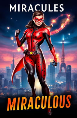 A vibrant and eye-catching book cover themed around 'Miraculous', featuring a striking superhero character in a sleek, red and black costume with spots, showcasing a magical city skyline in the background
