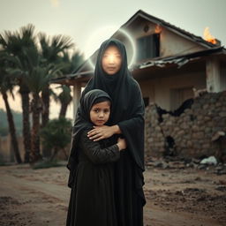A young girl in a hijab embraced by a luminous young woman representing Lady Fatima, with her face obscured by a halo of light