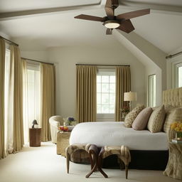 A well-appointed master bedroom complete with a large bed, end tables, a dressing table, a set of lounge chairs, floor-length curtains, a chandelier, and soothing color palette.