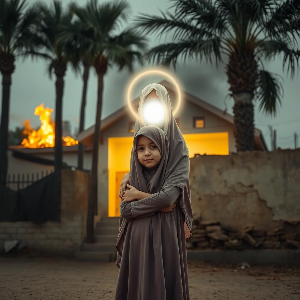 A young girl in a hijab embraced by a luminous young woman representing Lady Fatima, with her face obscured by a halo of light