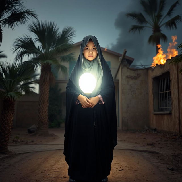 A young girl in a hijab embraced by a luminous young woman representing Lady Fatima, with her face obscured by a halo of light