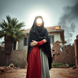 A young girl in a hijab embraced by a luminous young woman representing Lady Fatima, with her face obscured by a halo of light