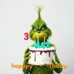 A grumpy Grinch, showcasing his iconic green fur and frown, is prominently holding a festive birthday cake topped with the numbers '33' and colorful candles