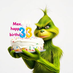 A grumpy Grinch, showcasing his iconic green fur and frown, is prominently holding a festive birthday cake topped with the numbers '33' and colorful candles