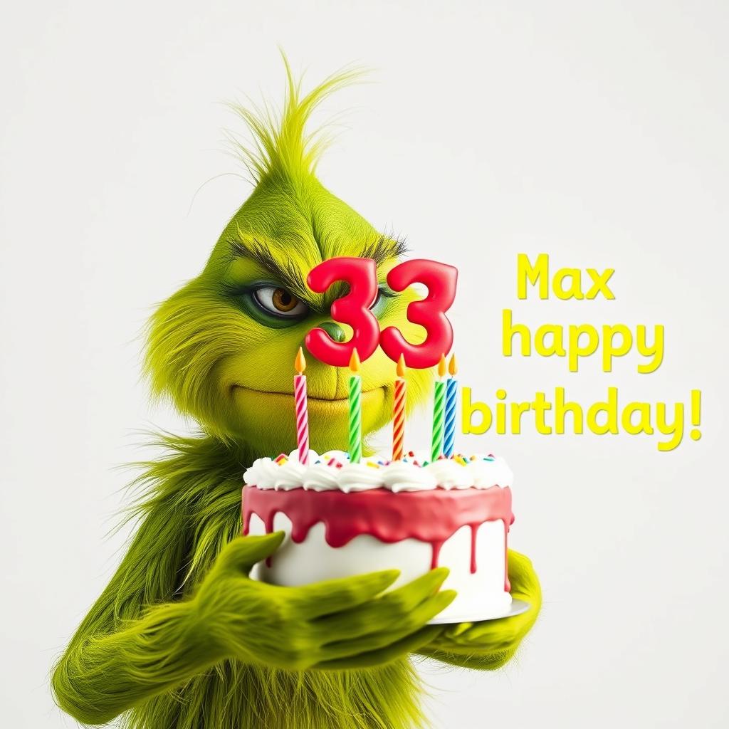 A grumpy Grinch, showcasing his iconic green fur and frown, is prominently holding a festive birthday cake topped with the numbers '33' and colorful candles