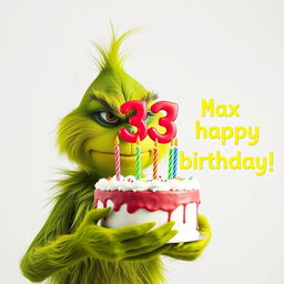 A grumpy Grinch, showcasing his iconic green fur and frown, is prominently holding a festive birthday cake topped with the numbers '33' and colorful candles