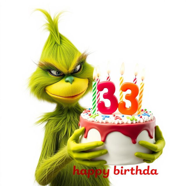 A grumpy Grinch, showcasing his iconic green fur and frown, is prominently holding a festive birthday cake topped with the numbers '33' and colorful candles