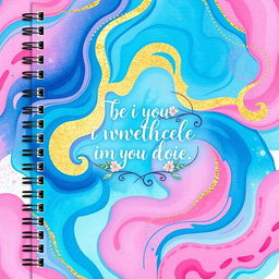 An artistic, eye-catching notebook cover design that features a vibrant abstract pattern with swirling colors in shades of blue, pink, and gold