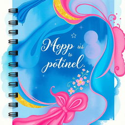 An artistic, eye-catching notebook cover design that features a vibrant abstract pattern with swirling colors in shades of blue, pink, and gold