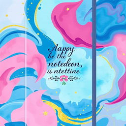 An artistic, eye-catching notebook cover design that features a vibrant abstract pattern with swirling colors in shades of blue, pink, and gold