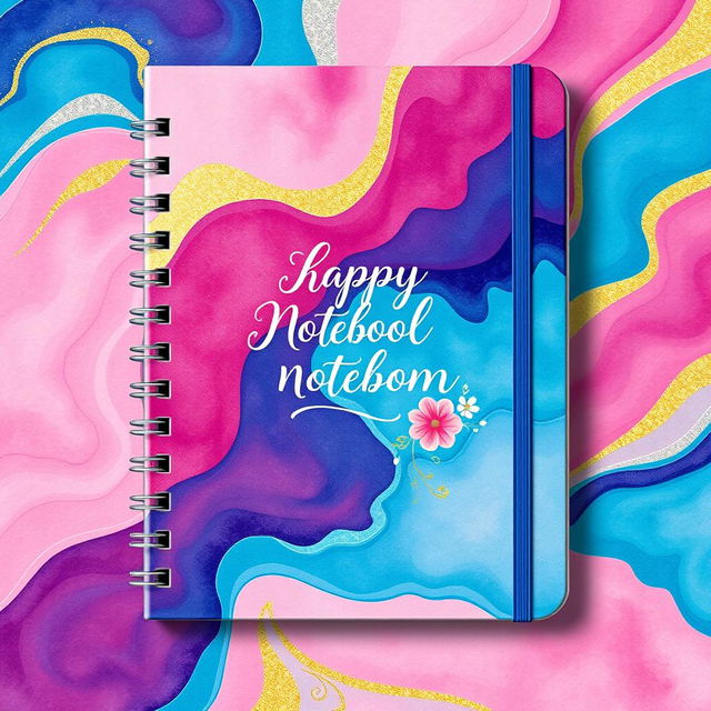 An artistic, eye-catching notebook cover design that features a vibrant abstract pattern with swirling colors in shades of blue, pink, and gold