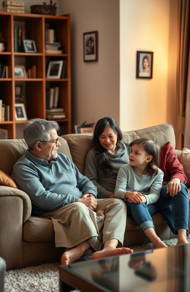 A serene living room with a family sitting together on a comfortable couch, engaging in a heartfelt conversation