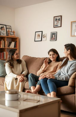 A serene living room with a family sitting together on a comfortable couch, engaging in a heartfelt conversation