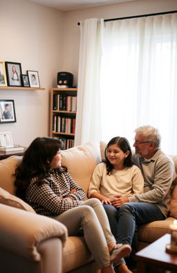 A serene living room with a family sitting together on a comfortable couch, engaging in a heartfelt conversation