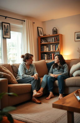 A serene living room with a family sitting together on a comfortable couch, engaging in a heartfelt conversation