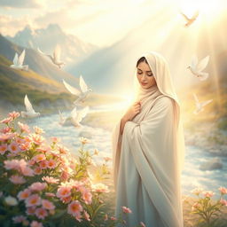 A serene and spiritual scene depicting the embrace of Prophet Mohammed's daughter, Fatimah Zahra (peace be upon her)