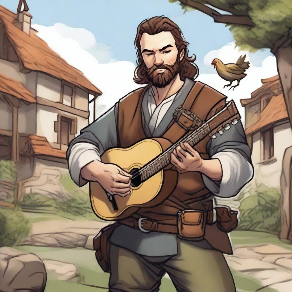 An ultra-realistic comic image of a half-smiling bard from Dungeons and Dragons, set in a medieval village