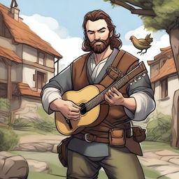 An ultra-realistic comic image of a half-smiling bard from Dungeons and Dragons, set in a medieval village