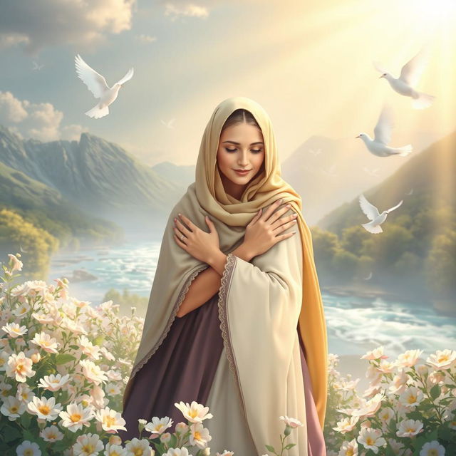 A serene and spiritual scene depicting the embrace of Prophet Mohammed's daughter, Fatimah Zahra (peace be upon her)