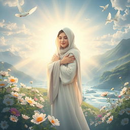 A serene and spiritual scene depicting the embrace of Prophet Mohammed's daughter, Fatimah Zahra (peace be upon her)