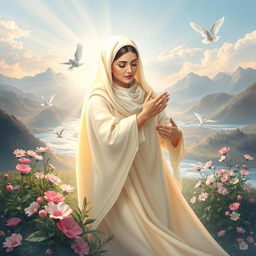 A serene and spiritual scene depicting the embrace of Prophet Mohammed's daughter, Fatimah Zahra (peace be upon her)