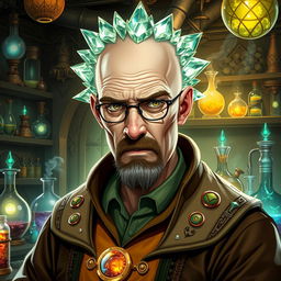 A character inspired by Walter White from Breaking Bad, depicted as an Earth Genasi alchemist with unique crystal hair that sparkles and reflects light like gemstones