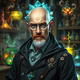 A character inspired by Walter White from Breaking Bad, depicted as an Earth Genasi alchemist with unique crystal hair that sparkles and reflects light like gemstones