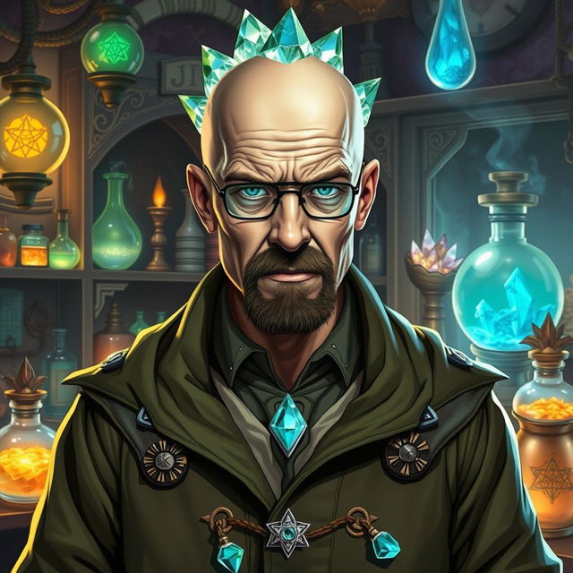 A character inspired by Walter White from Breaking Bad, depicted as an Earth Genasi alchemist with unique crystal hair that sparkles and reflects light like gemstones