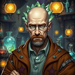 A character inspired by Walter White from Breaking Bad, depicted as an Earth Genasi alchemist with unique crystal hair that sparkles and reflects light like gemstones