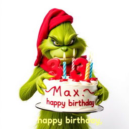 A grumpy Grinch, defined by his iconic green fur and frown, is prominently holding a festive cake adorned with the numbers '33' and brightly colored candles