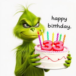 A grumpy Grinch, defined by his iconic green fur and frown, is prominently holding a festive cake adorned with the numbers '33' and brightly colored candles