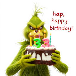 A grumpy Grinch, defined by his iconic green fur and frown, is prominently holding a festive cake adorned with the numbers '33' and brightly colored candles