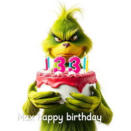 A grumpy Grinch, defined by his iconic green fur and frown, is prominently holding a festive cake adorned with the numbers '33' and brightly colored candles