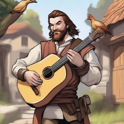 An ultra-realistic comic image of a half-smiling bard from Dungeons and Dragons, set in a medieval village