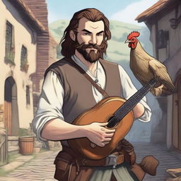 An ultra-realistic comic image of a half-smiling bard from Dungeons and Dragons, set in a medieval village