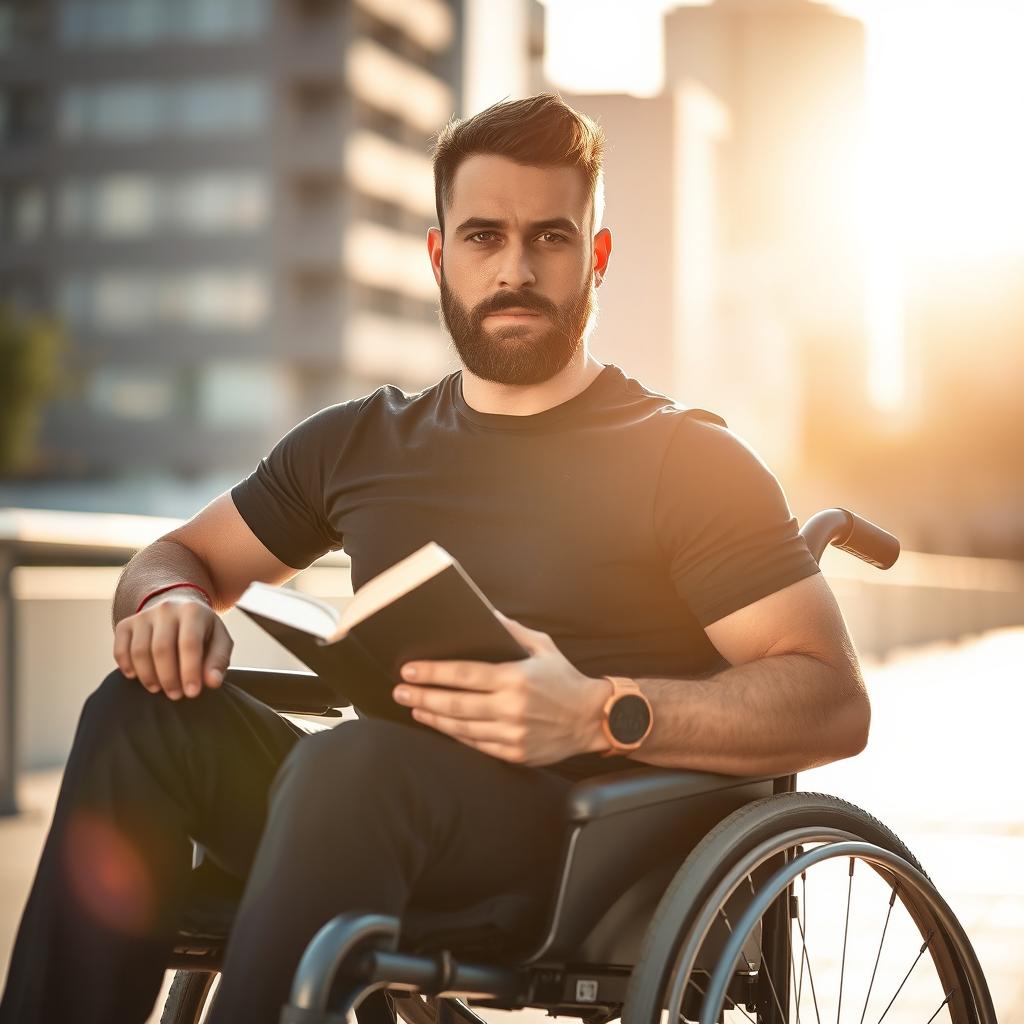 A powerful portrait of a man sitting in a wheelchair, showcasing his strength and resilience