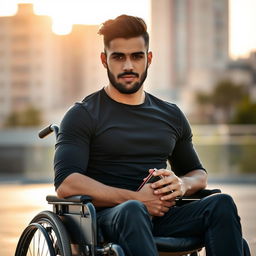 A powerful portrait of a man sitting in a wheelchair, showcasing his strength and resilience