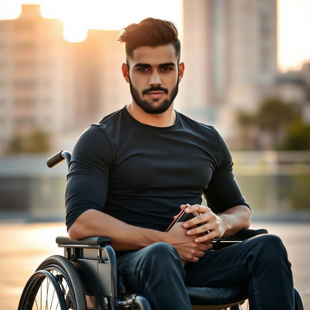 A powerful portrait of a man sitting in a wheelchair, showcasing his strength and resilience