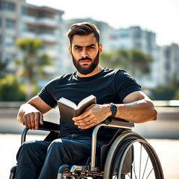 A powerful portrait of a man sitting in a wheelchair, showcasing his strength and resilience