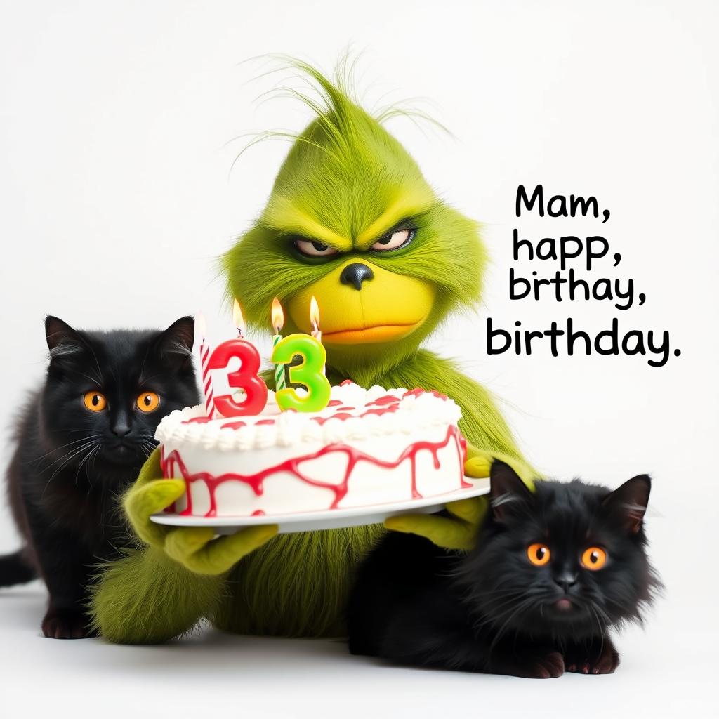 A grumpy Grinch, known for his signature green fur and frown, is holding a festive birthday cake that features the numbers '33' and colorful candles