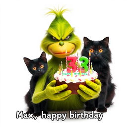 A grumpy Grinch, known for his signature green fur and frown, is holding a festive birthday cake that features the numbers '33' and colorful candles