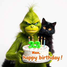 A grumpy Grinch, known for his signature green fur and frown, is holding a festive birthday cake that features the numbers '33' and colorful candles