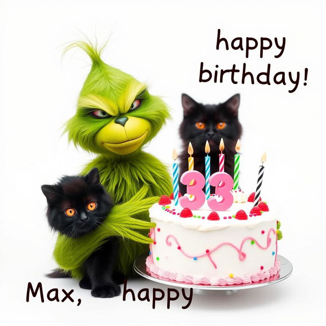 A grumpy Grinch, known for his signature green fur and frown, is holding a festive birthday cake that features the numbers '33' and colorful candles