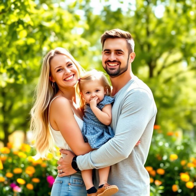 A beautiful young blonde woman standing joyfully beside a handsome man who is carrying a young girl in his arms, all smiling in a bright and sunny park