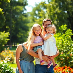 A beautiful young blonde woman standing joyfully beside a handsome man who is carrying a young girl in his arms, all smiling in a bright and sunny park