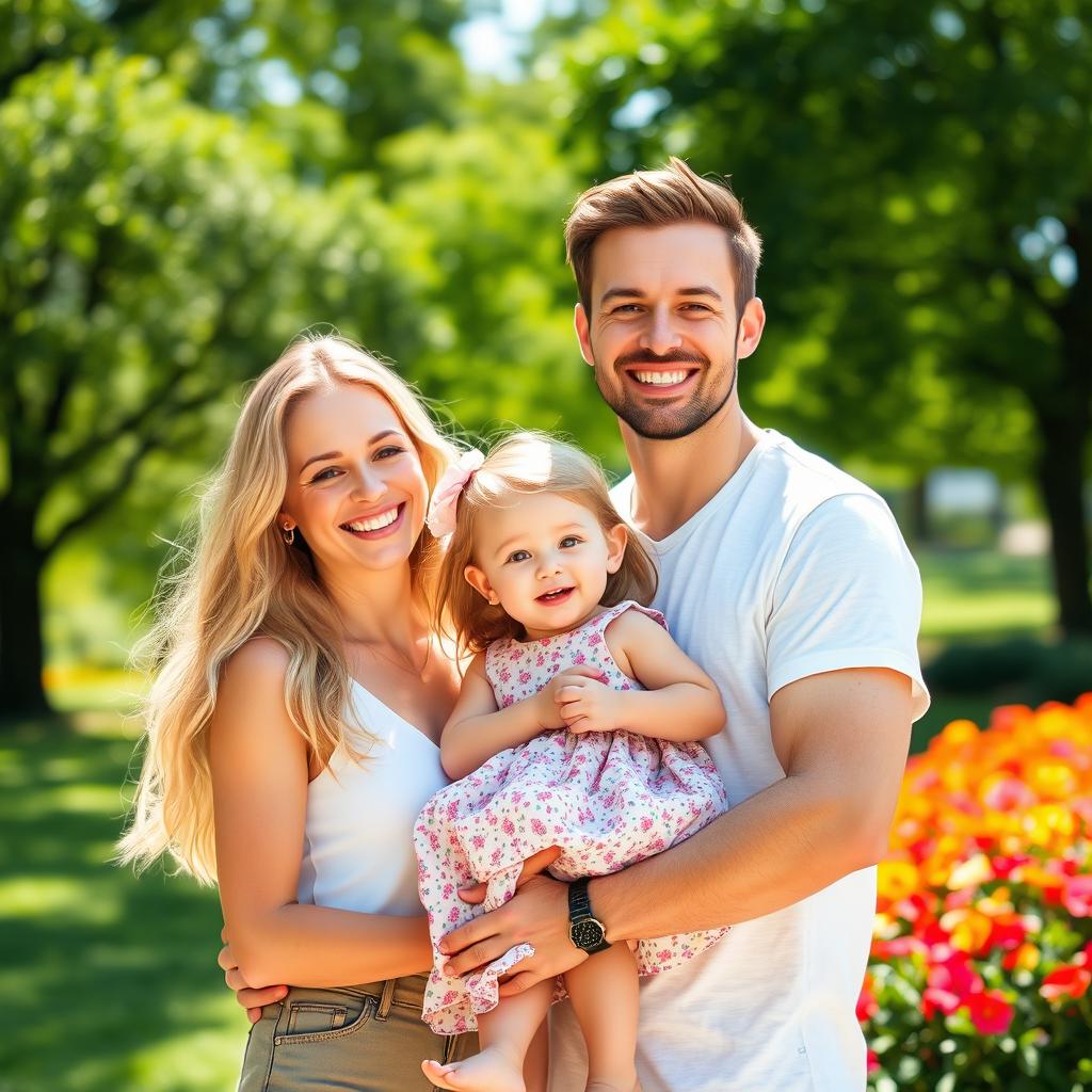 A beautiful young blonde woman standing joyfully beside a handsome man who is carrying a young girl in his arms, all smiling in a bright and sunny park