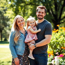 A beautiful young blonde woman standing joyfully beside a handsome man who is carrying a young girl in his arms, all smiling in a bright and sunny park