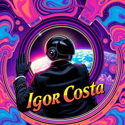 A vibrant and vintage psychedelic typographic illustration featuring a man dressed in a sleek black suit and black gloves